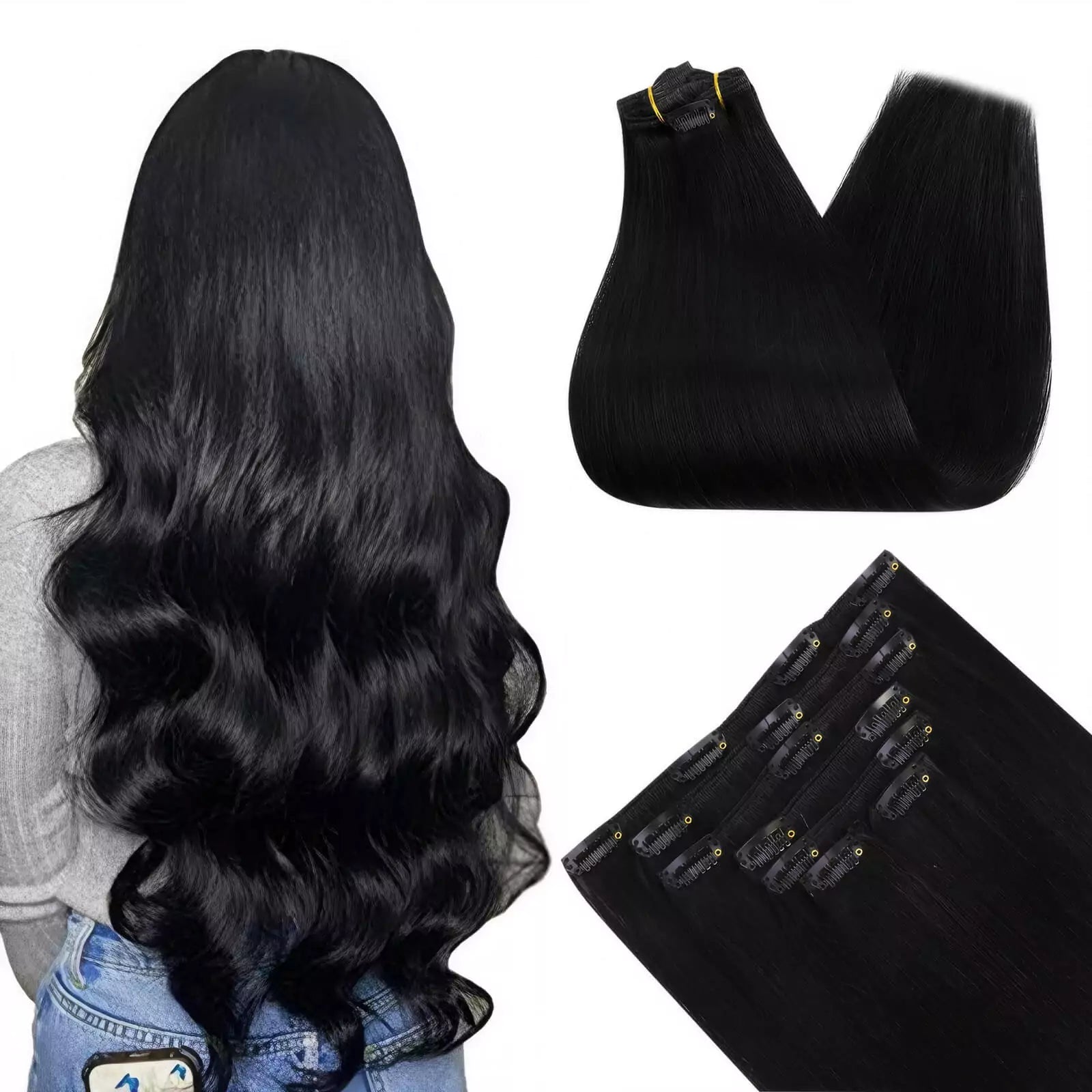 Human Hair Jet Black 1 7PCS Clip in Straight Hair Extensions