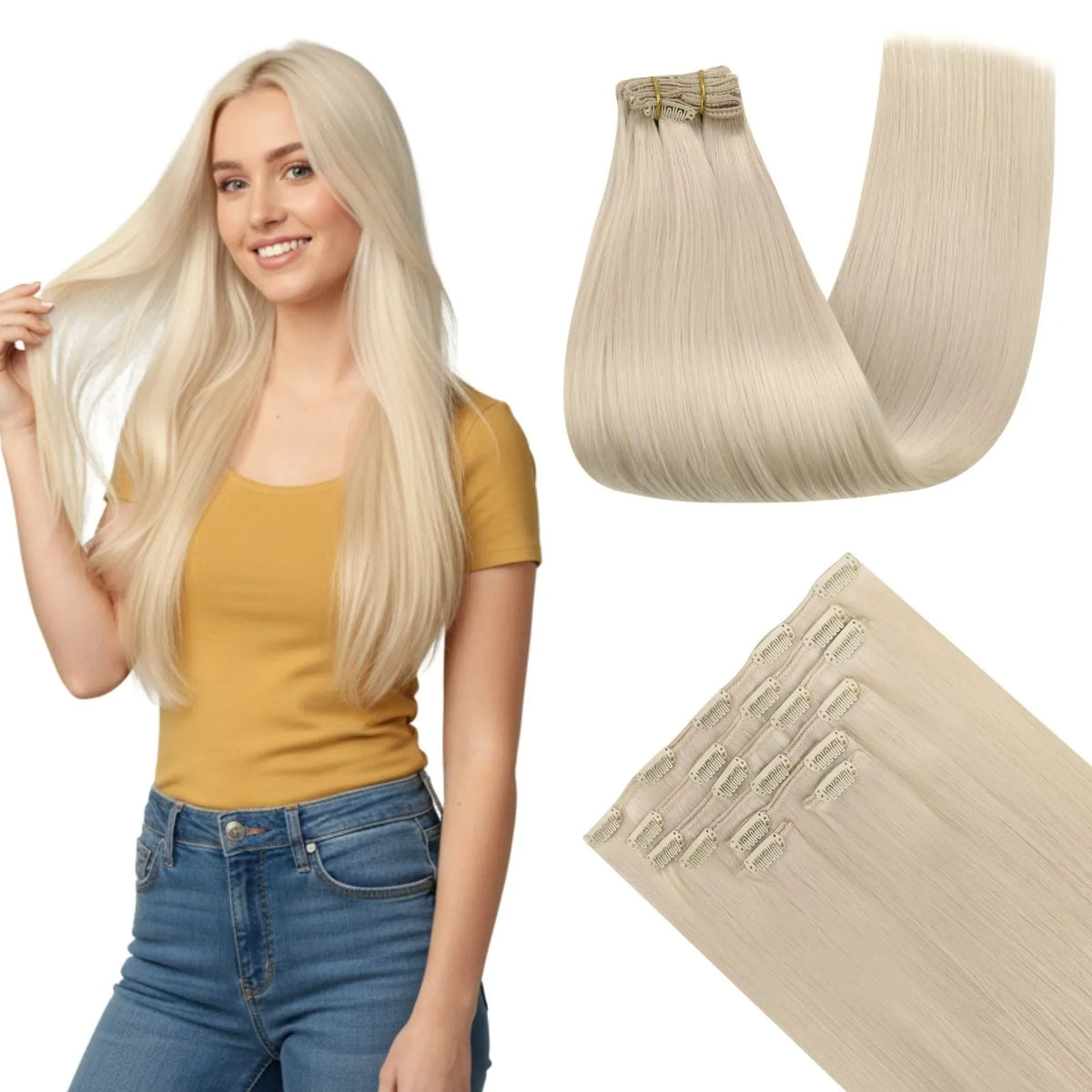 150G Thickened Clip in Extensions Human Hair Platinum Blonde #60