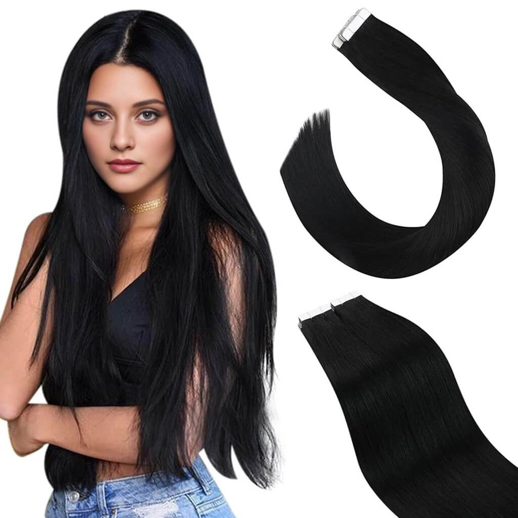 Hair Extensions Tape in 1 Jet Black Human Hair Tape in Extensions