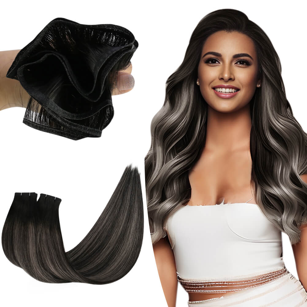 Virgin Flat Silk Weft Hair Extensions Balayage Ombre Black With Silver