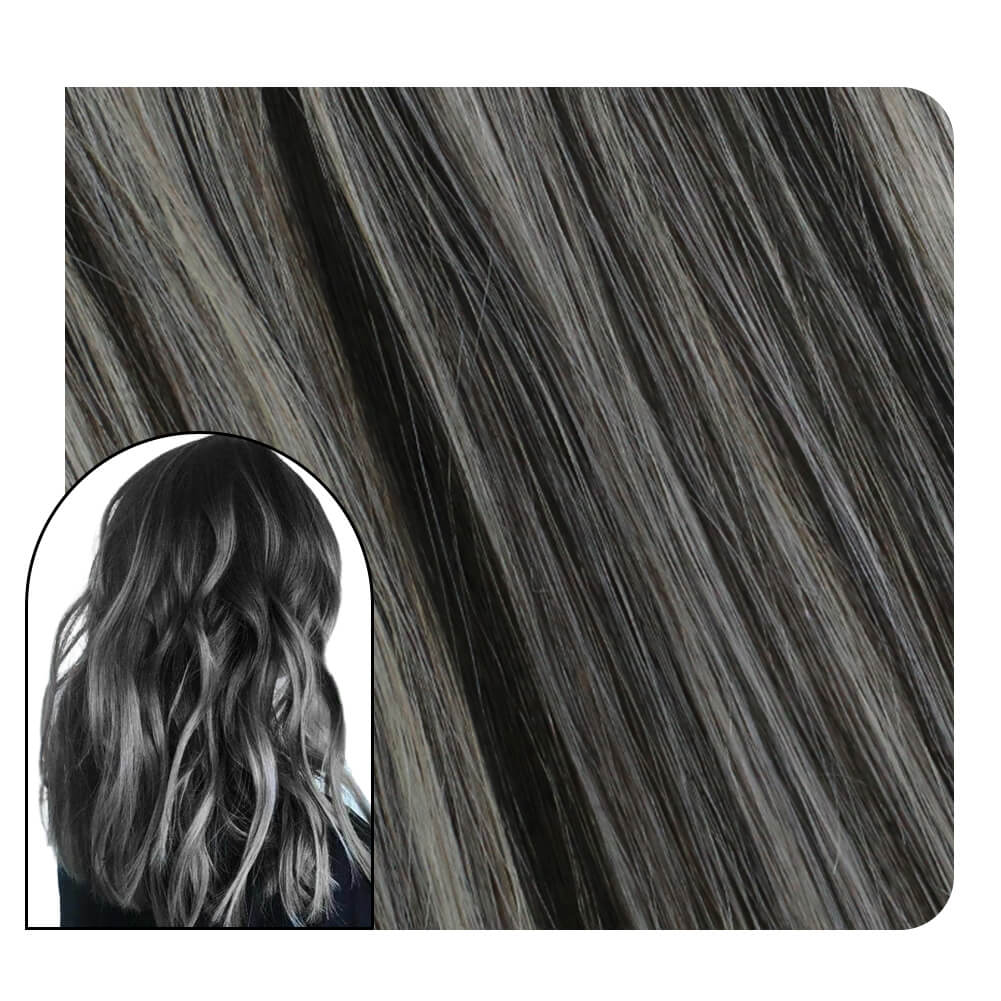 Clip in Hair Extensions Black with Silver