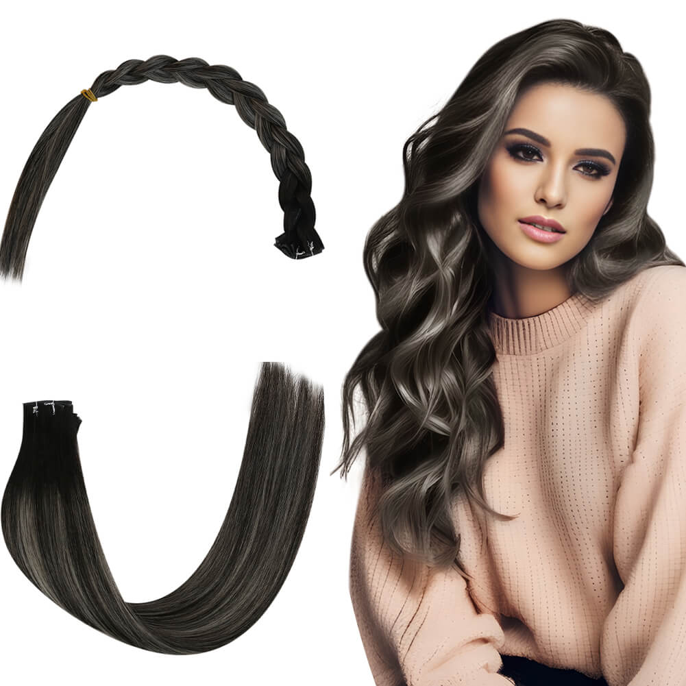 Balayage Invisible Genius Weft Extensions Black With Grey 1B/Silver/1B