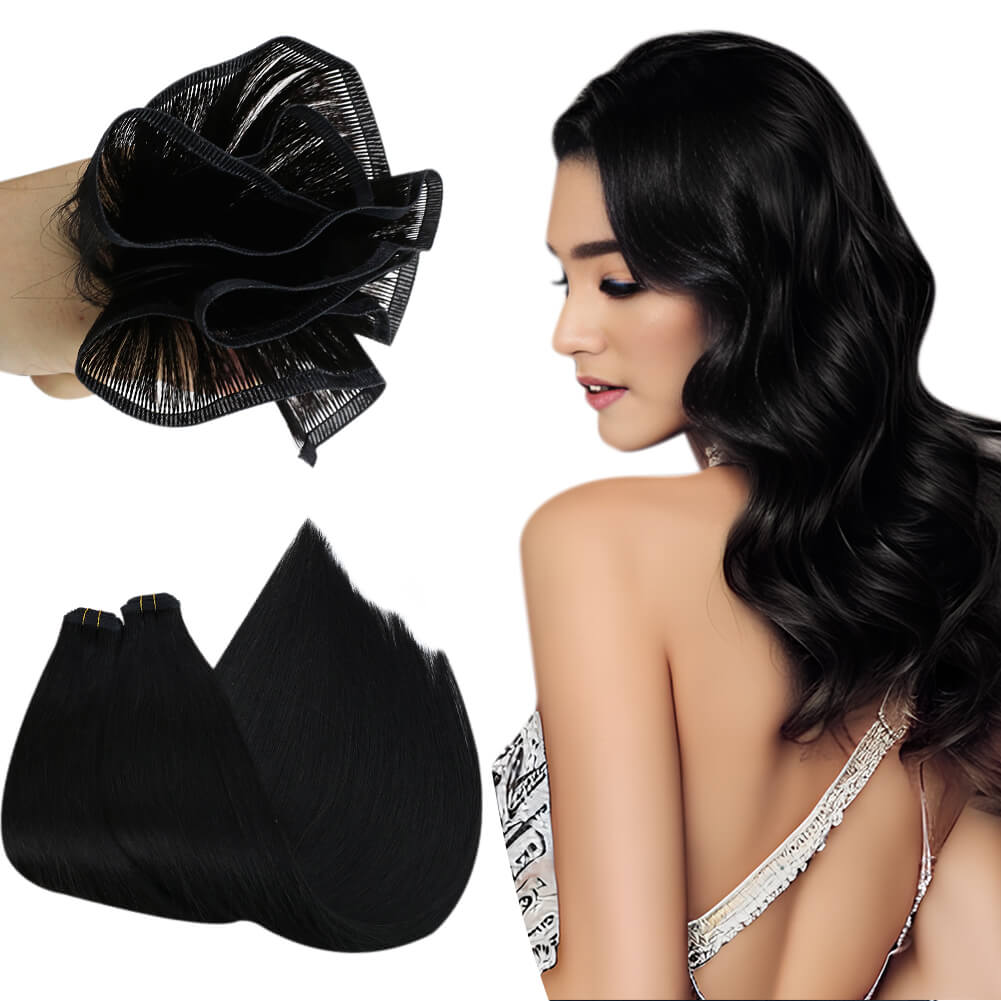 Jet Black flat weft human hair extensions