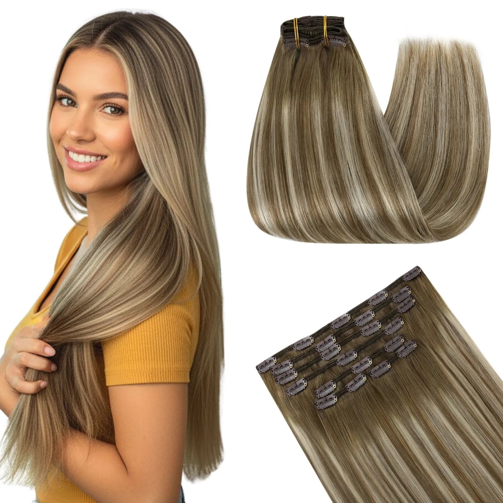 7Pcs Thickened Clip in Remy Human Hair Extensions Balayage Ash Brown Blonde #6/60/6