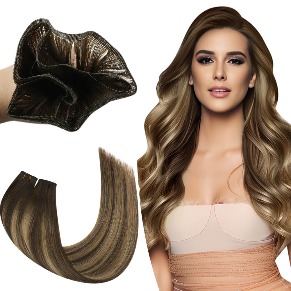 Flat Silk Weft Hair Extensions Virgin Human Hair Brown With Blonde