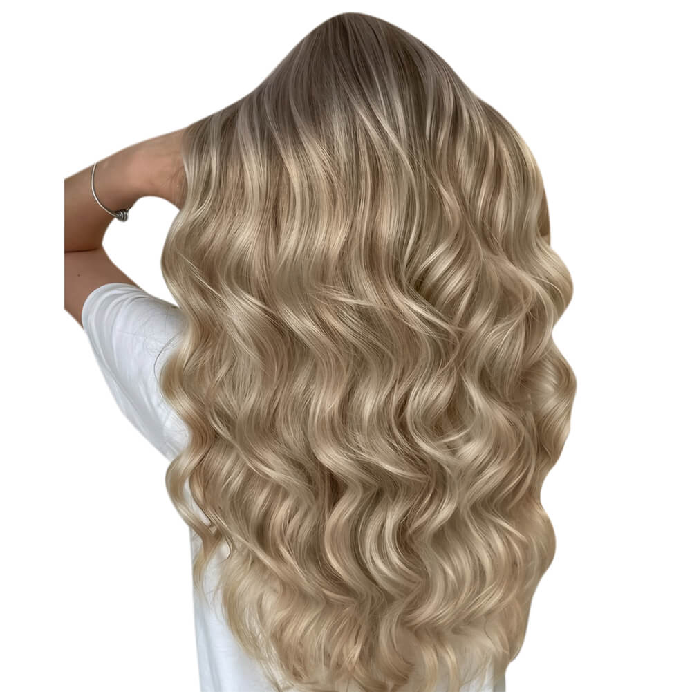 Genius Weft Extensions Wavy Style Human Hair Brown With Blonde Balayage