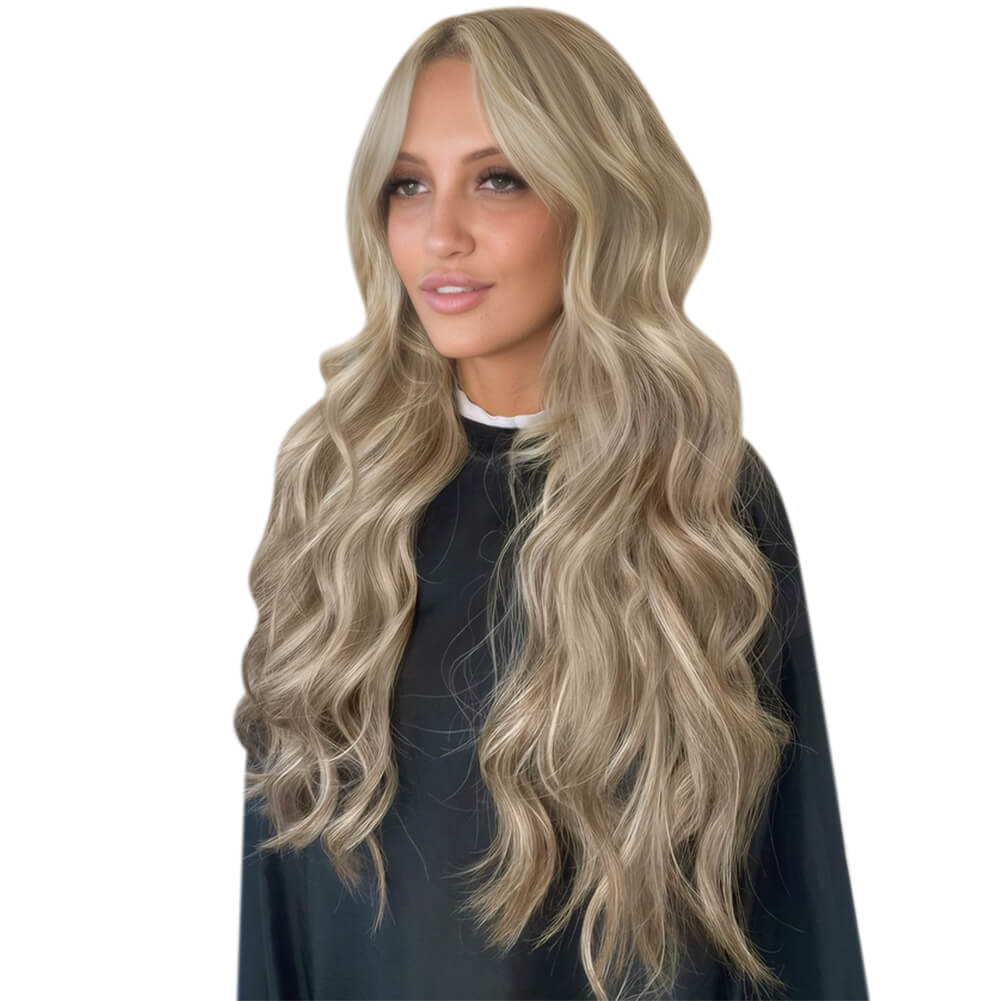 Genius Weft Wavy Human Hair Extensions Brown Highlight With Blonde