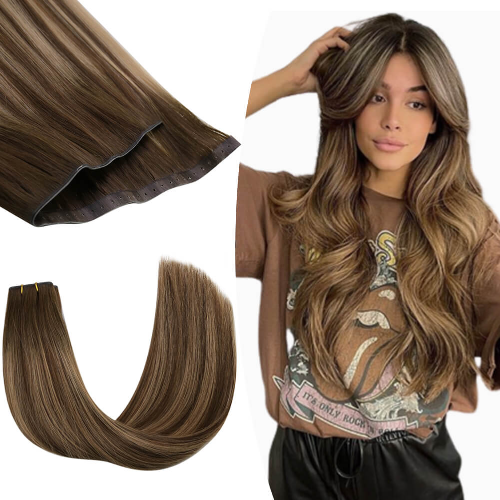 Seamless Injected Hole Flat Weft Human Hair Balayage Color 4/27/4