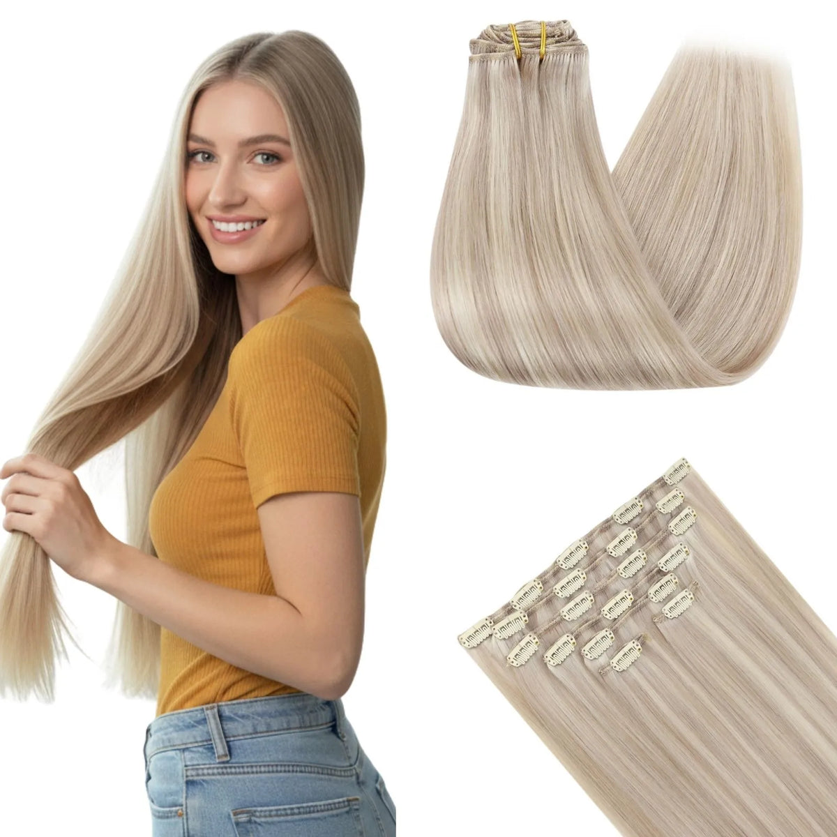 Thickened Clip in Hair Extensions Remy Human Hair Ash Blonde Highlighted #P18/613