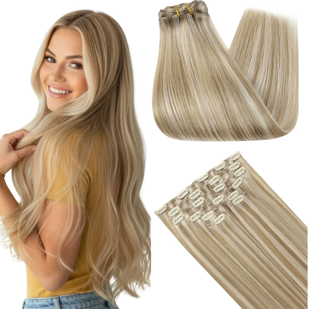 Thickened Clip in Remy Human Hair Extensions 7Pcs Clip Ins Highlighted Beige Blonde #P16/22