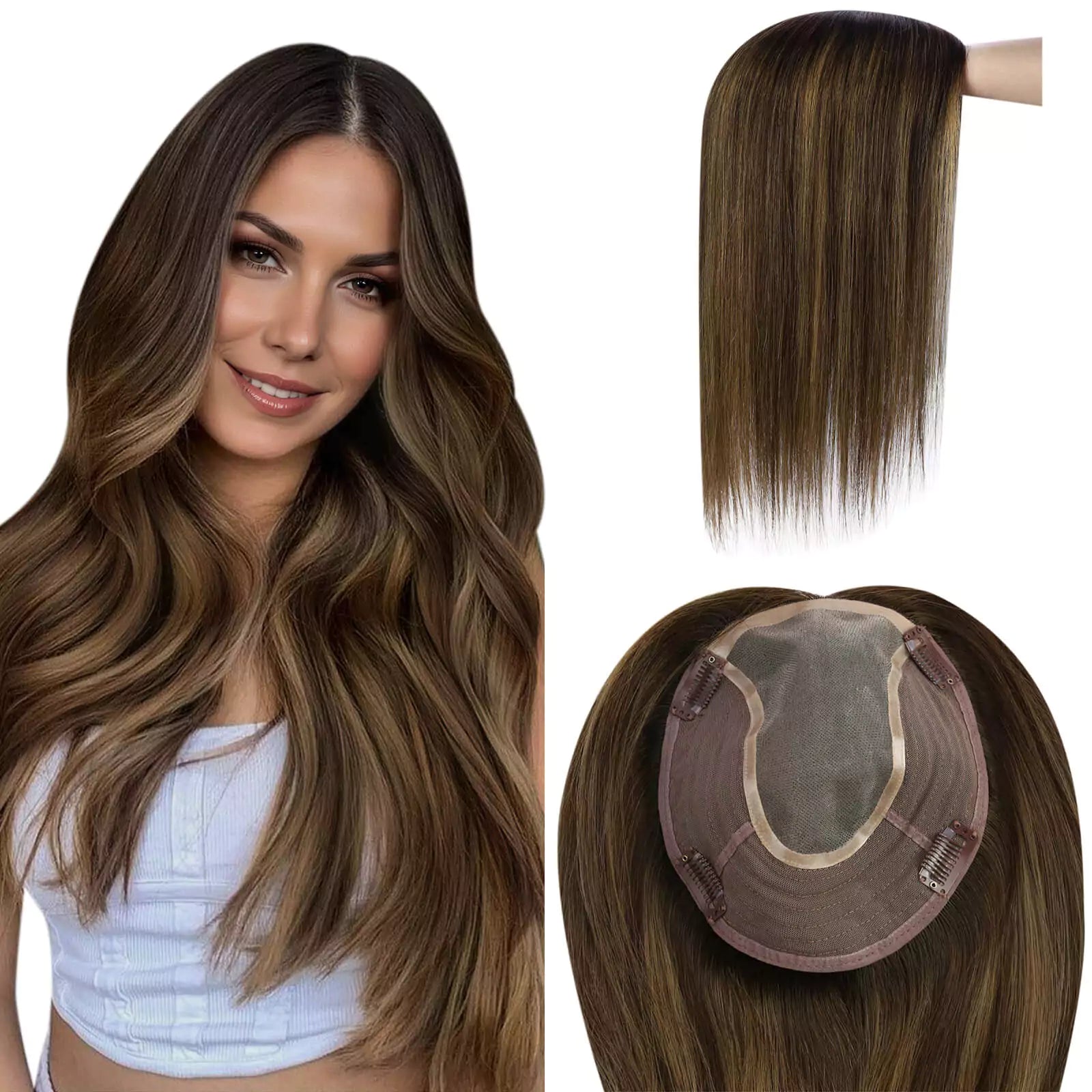 Virgin Hair Toppers Darkest Brown With Highlight Human Hair Toppers
