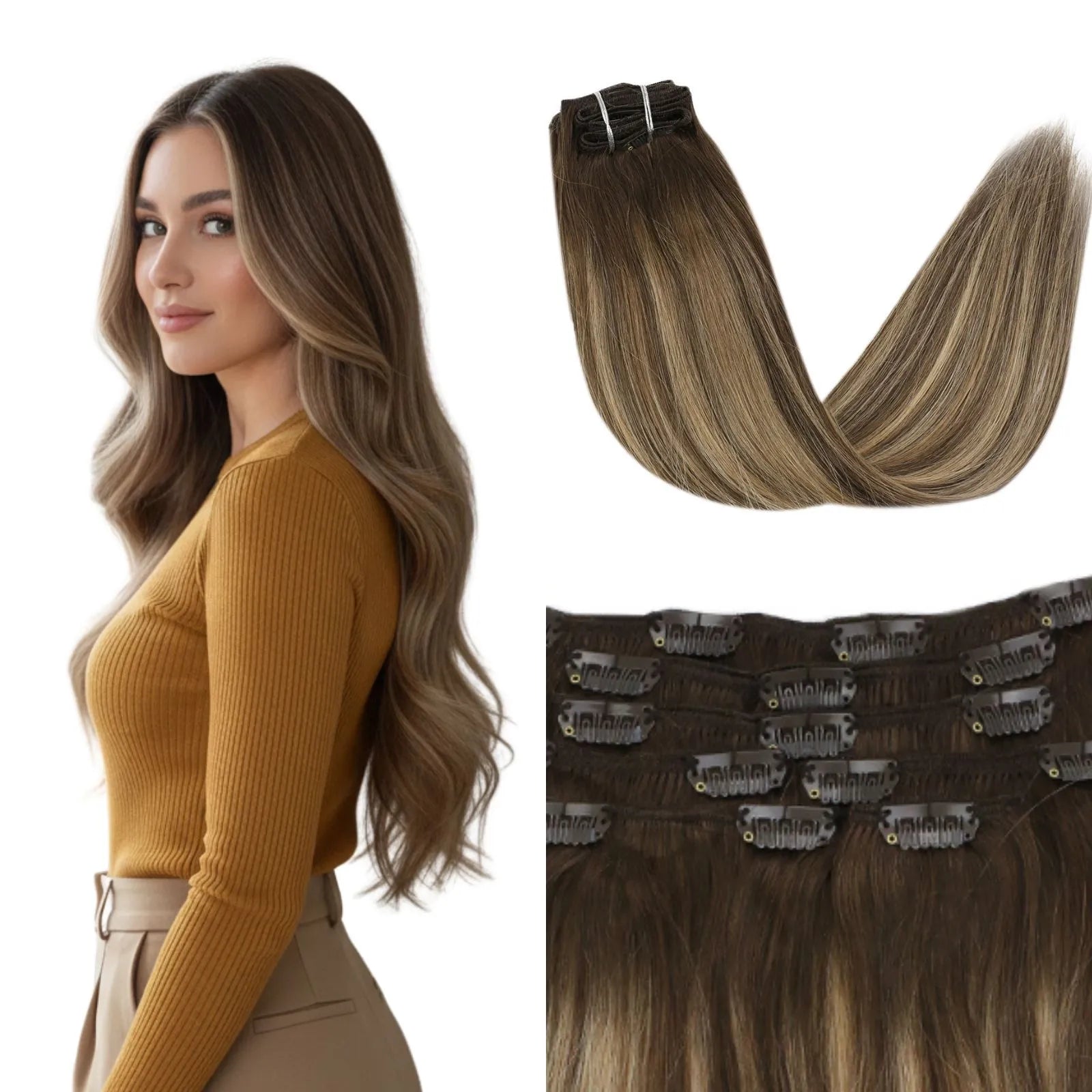 remy clip in hair extensions balayage brown with blonde