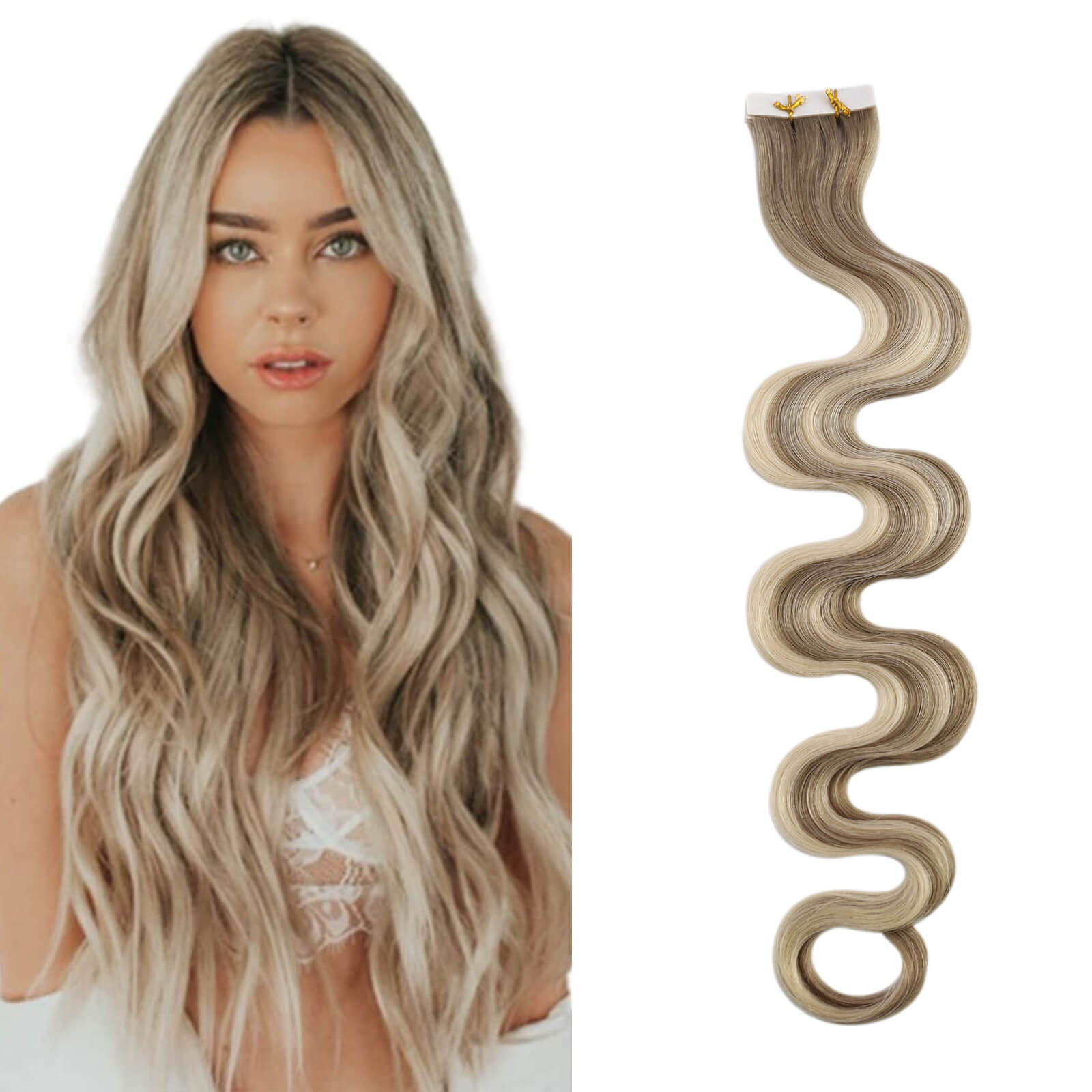 Body Wavy Injected Tape in Extensions Human Hair Balayage 8/8/613