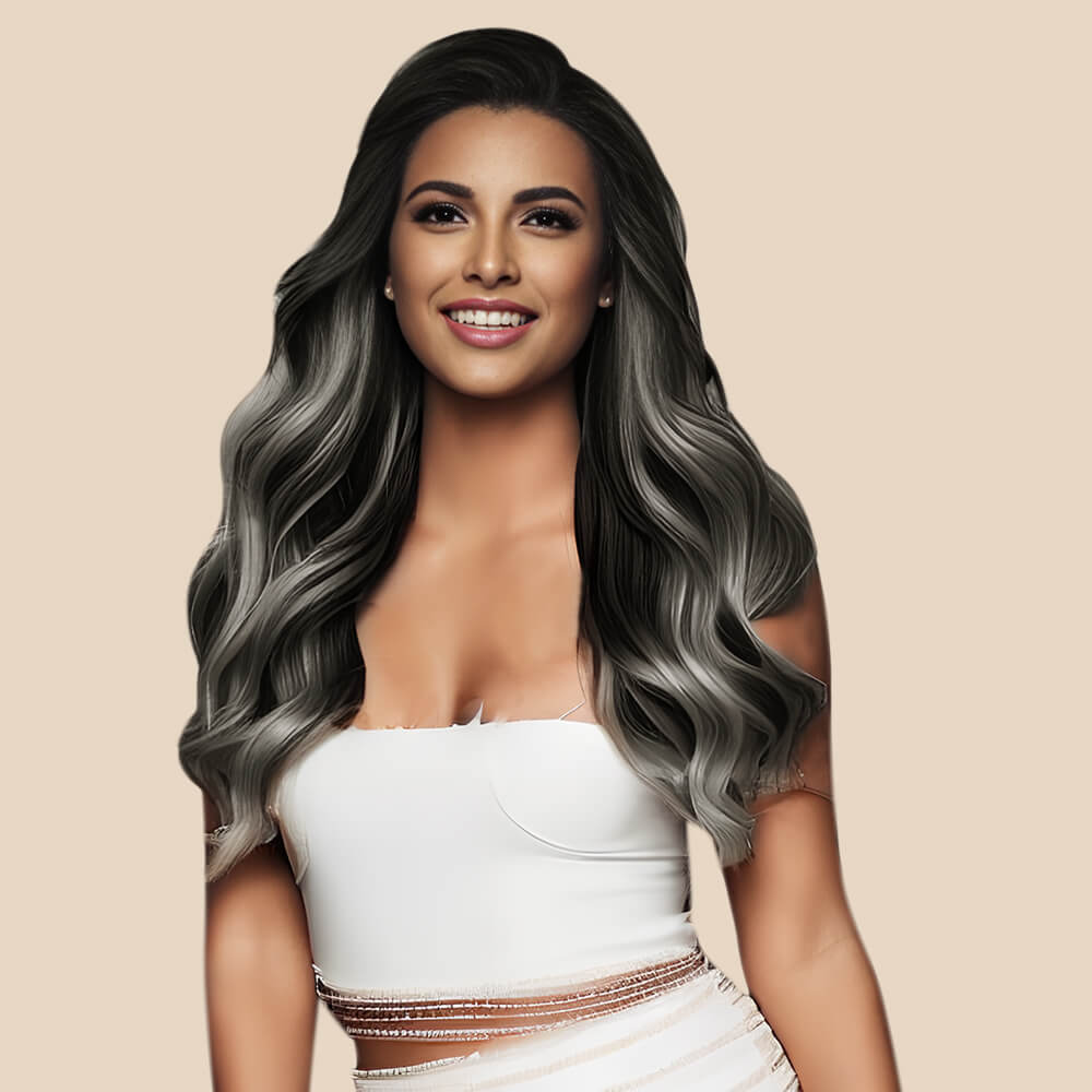 balayage flat silk weft extensions black with silver