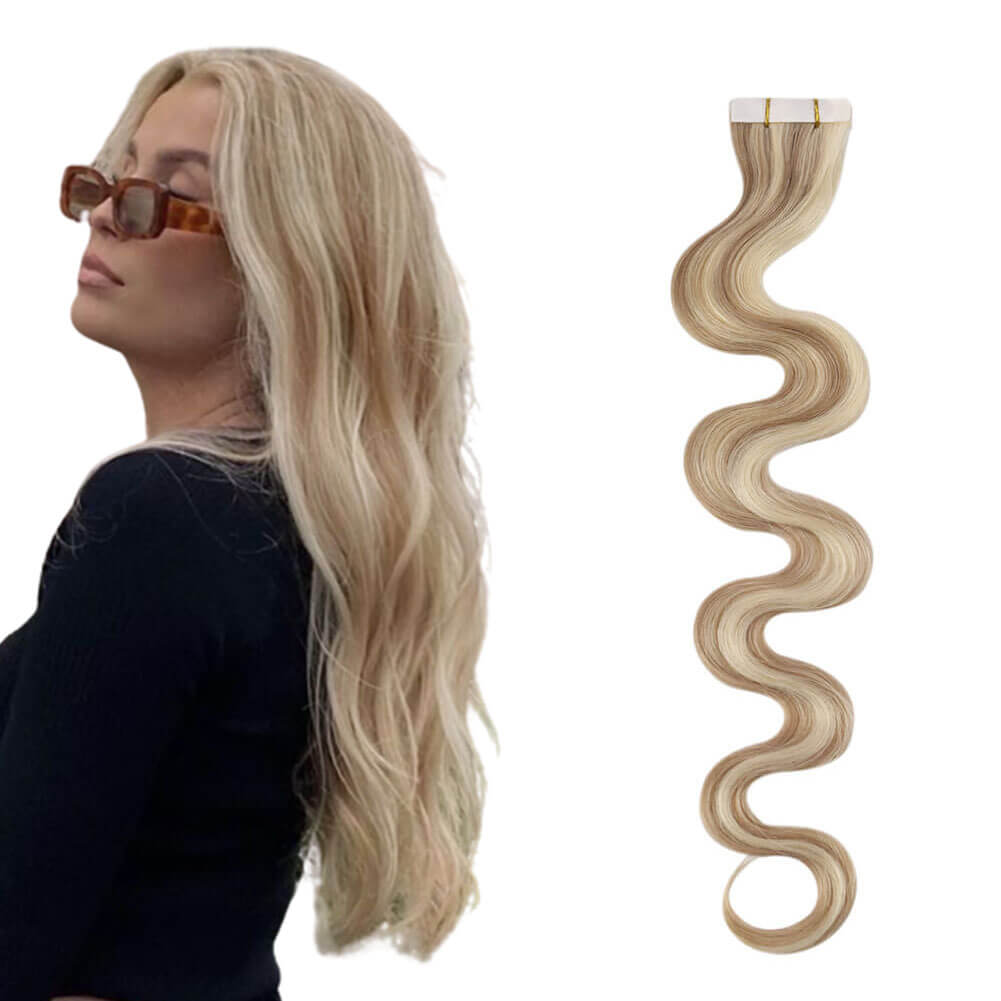Body Wavy Inject Tape in Extensions Ash Blonde Highlighted Bleach Blonde P18/613