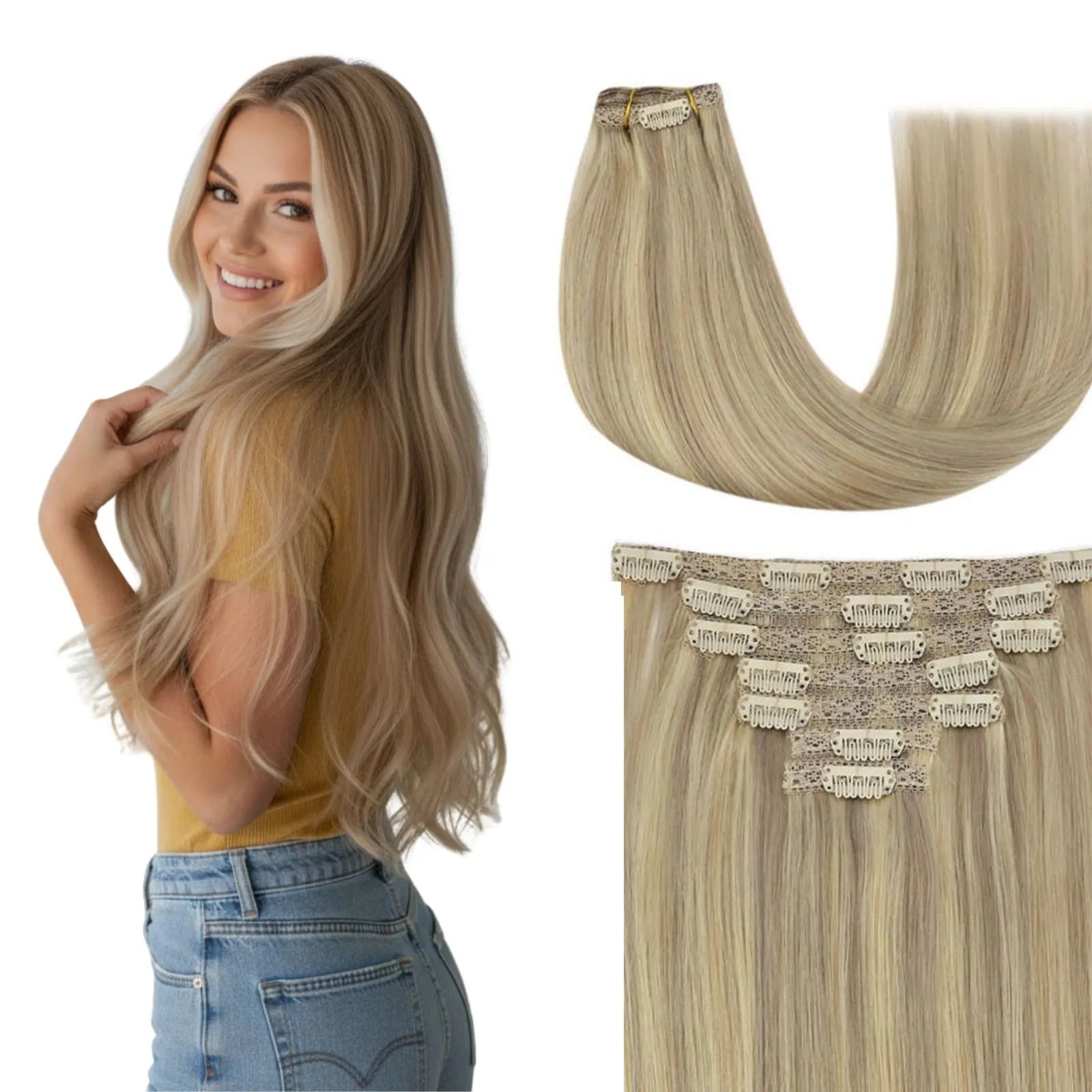 highlighted blonde clip in extensions