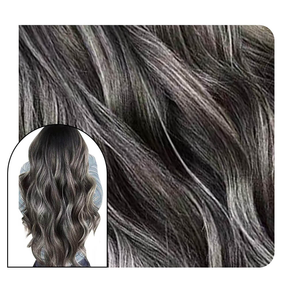 seamless tape in hair extensions black with silver