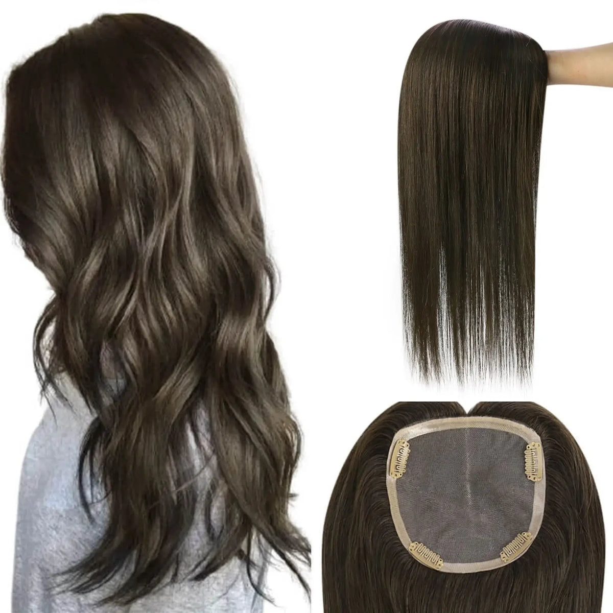 Lace Base Human Hair Manual Toppers With Clip For Women Dark 
