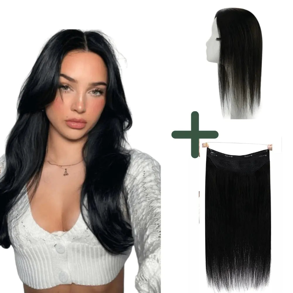 150% Density Remy Human Topper Off Black #1B And Halo Hair extensions #1B