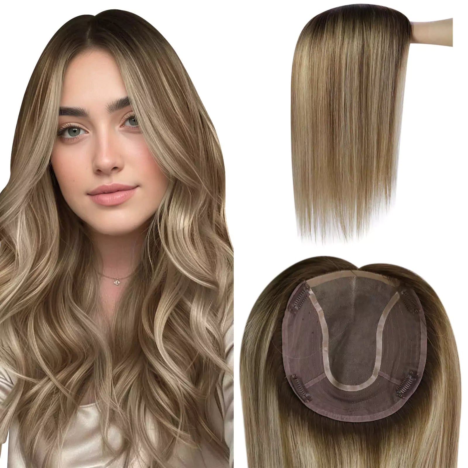 Mono Base Large Virgin Hair Topper Balayage Toppee Wiglets Brown Mix Blonde