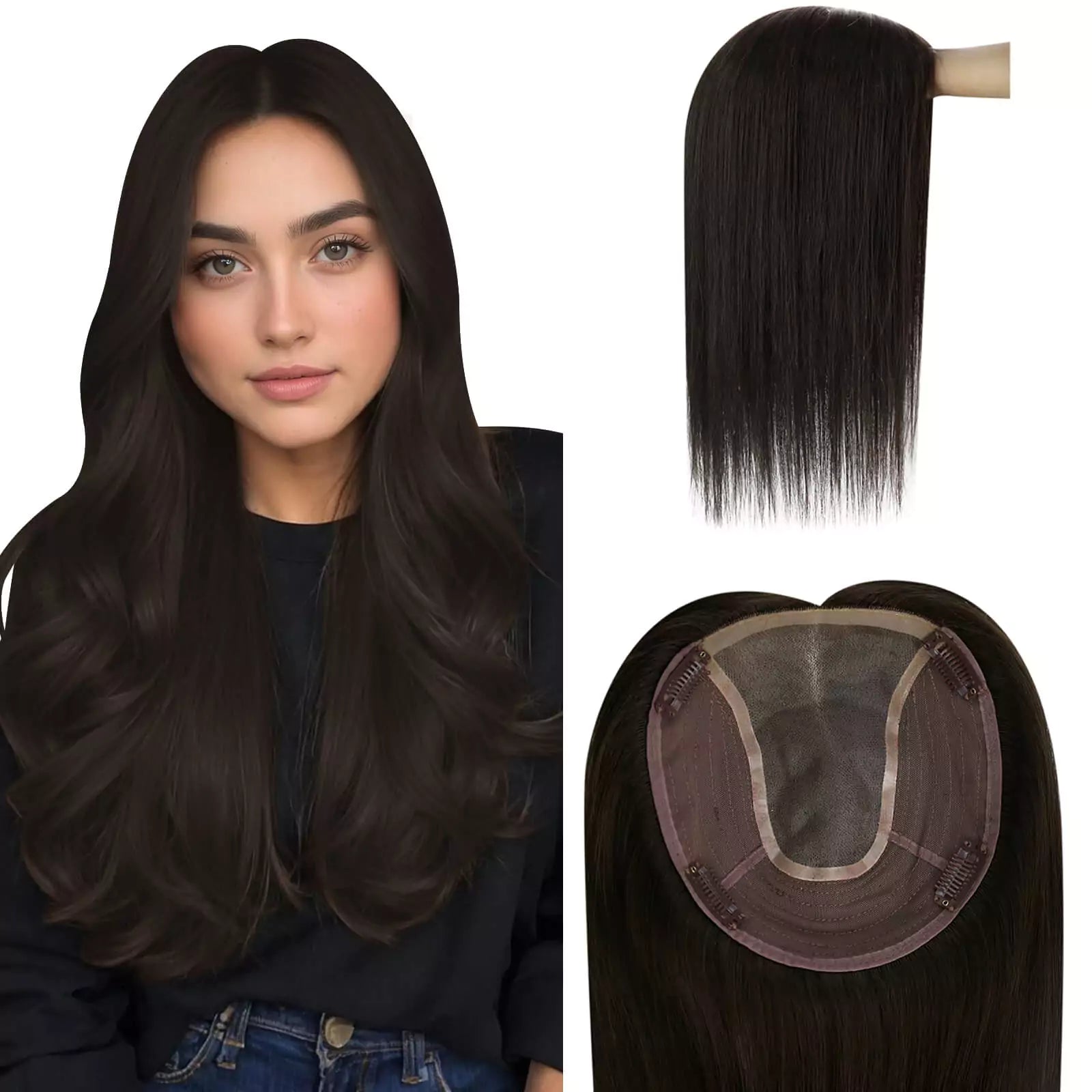 Darkest Brown Virgin Hair Topper Real Human Hair For Thinning Hair
