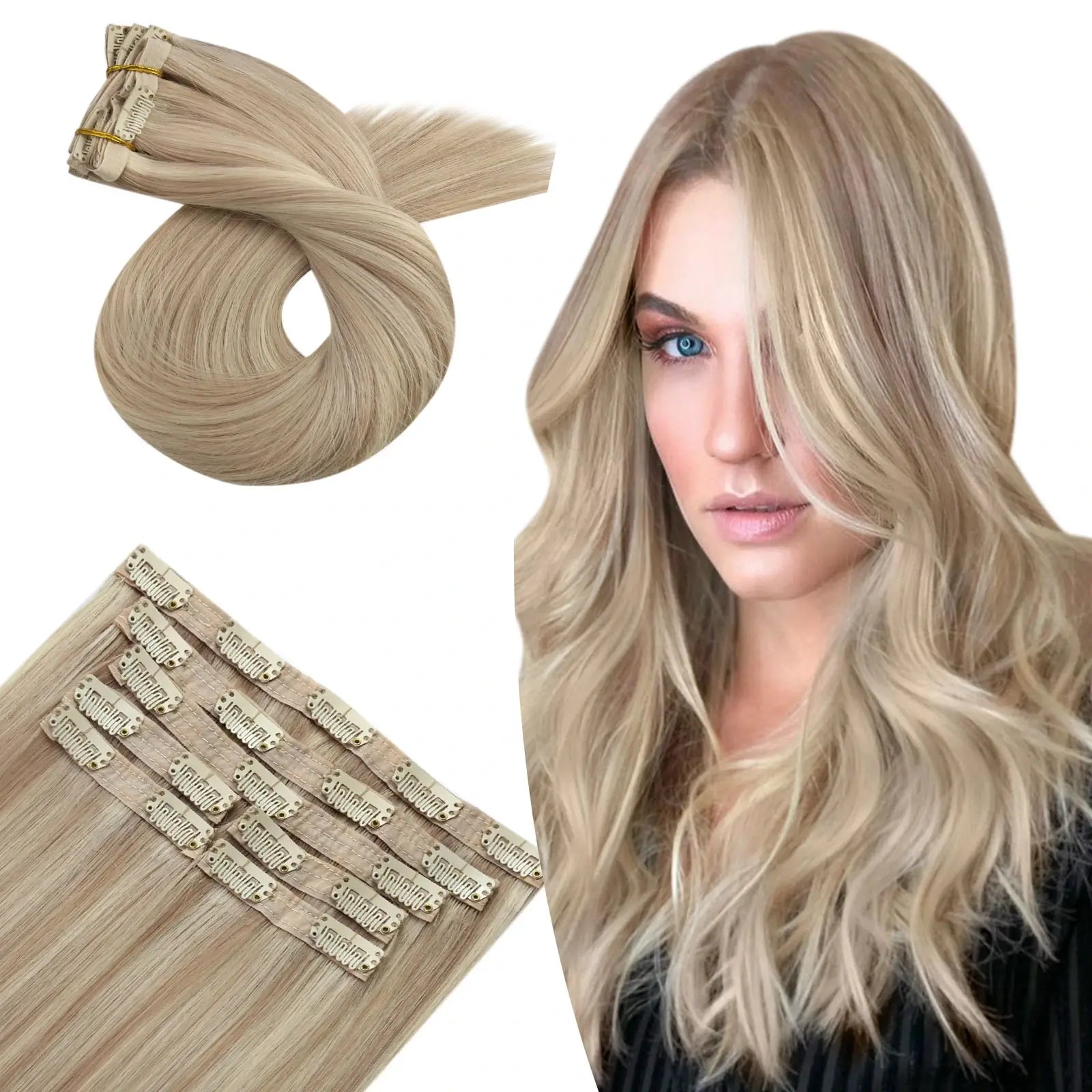 human hair clip ins highlighted ash blonde