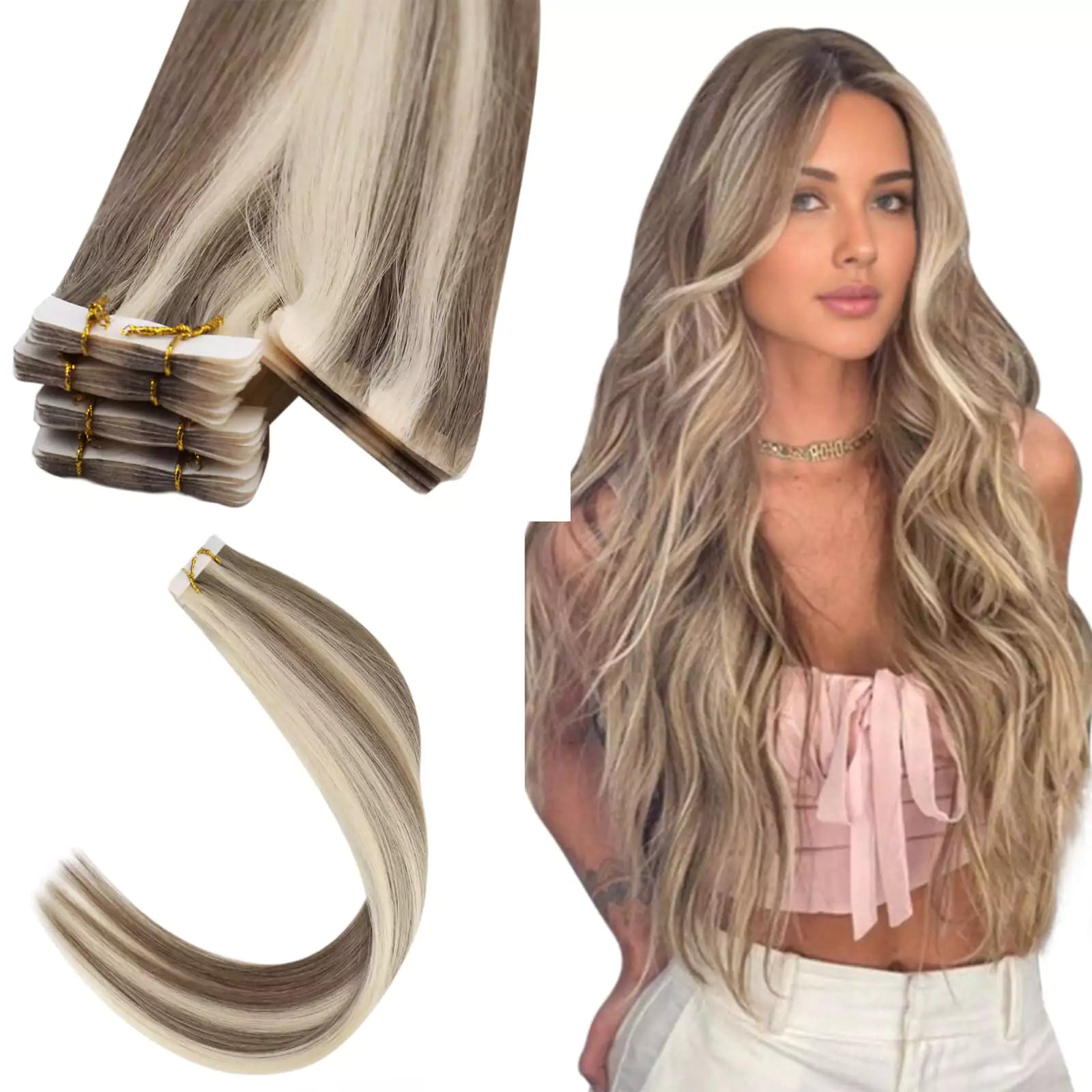Invisible Seamless PU Inject Tape in Extensions Highlight Brown With Blonde