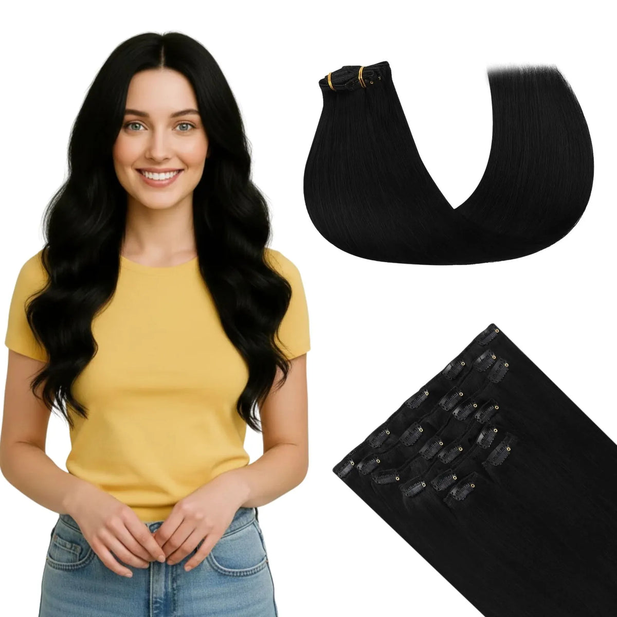 Clip in Remy Human Hair Extensions 7Pcs Thickened Clip-In Off Black #1B