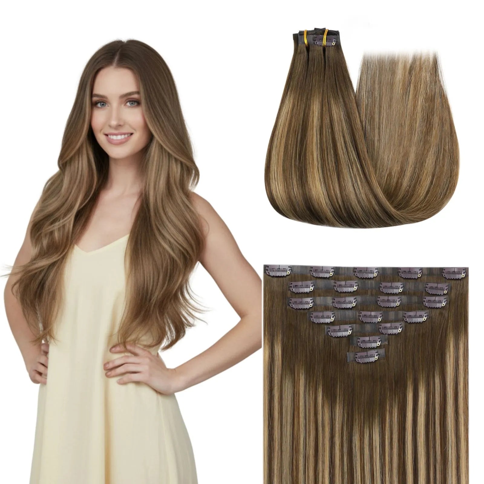 brown with blonde pu clip in extensions seamless clip hair