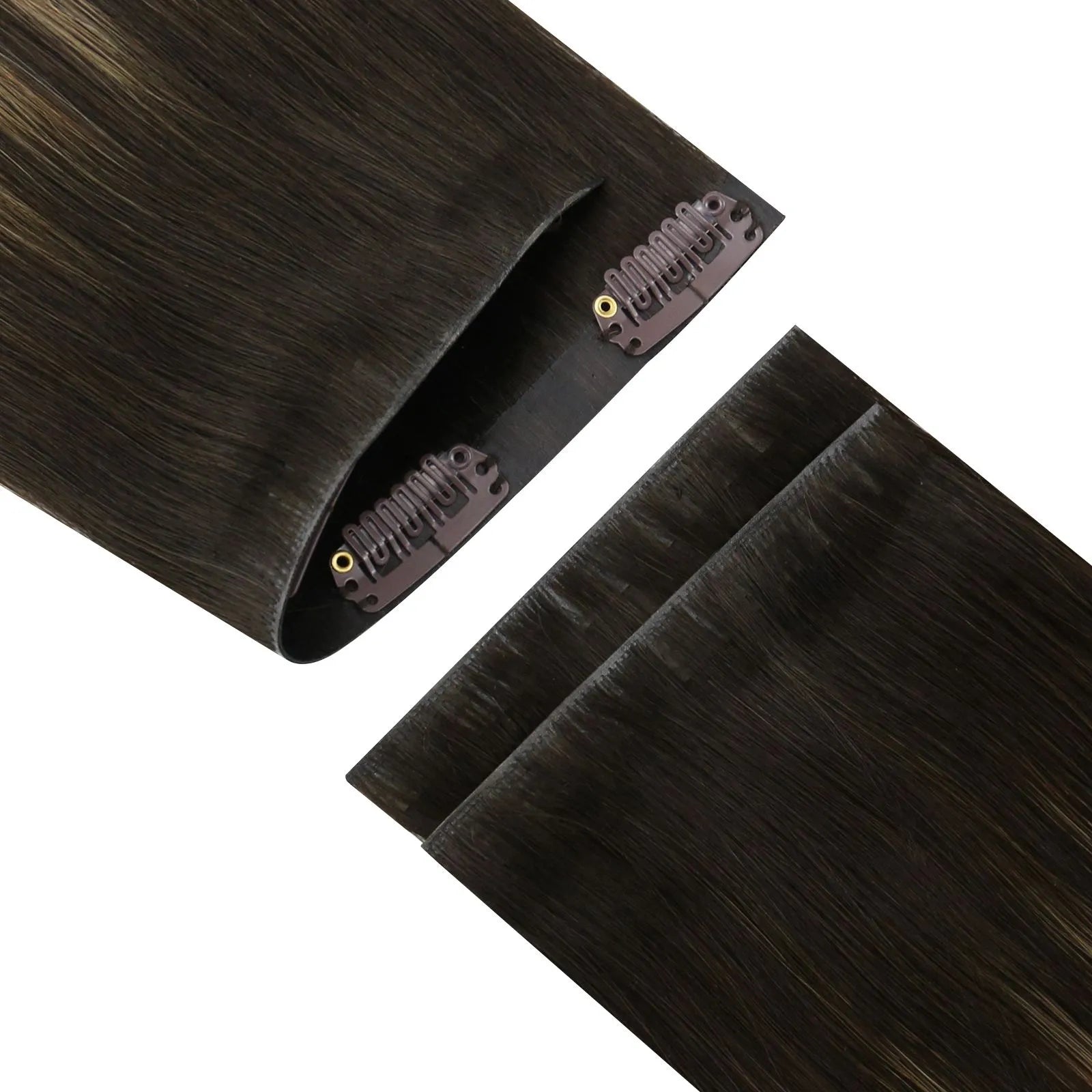 balayage dark brown pu clip ins seamless human hair