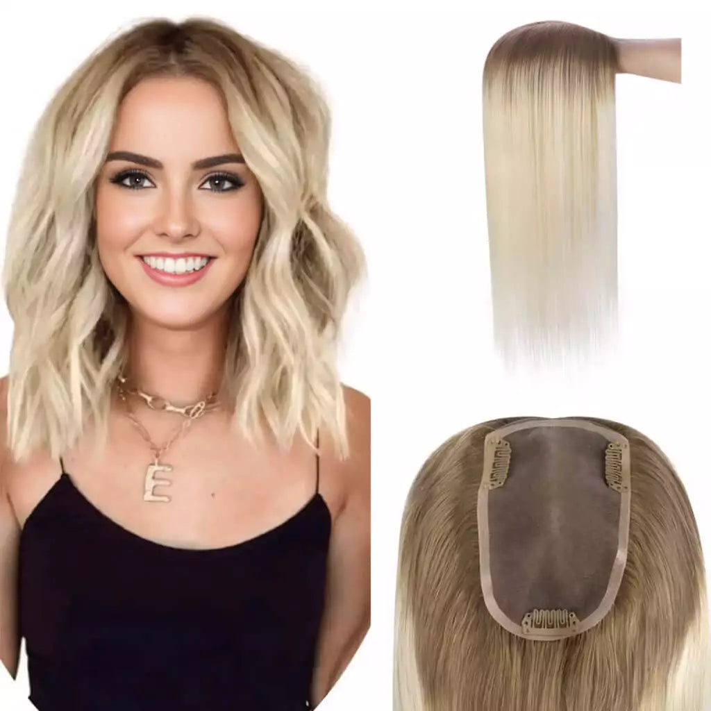 Remy Hairpiece for Women Ombre Brown to Blonde Hand-made Human Hair Topper