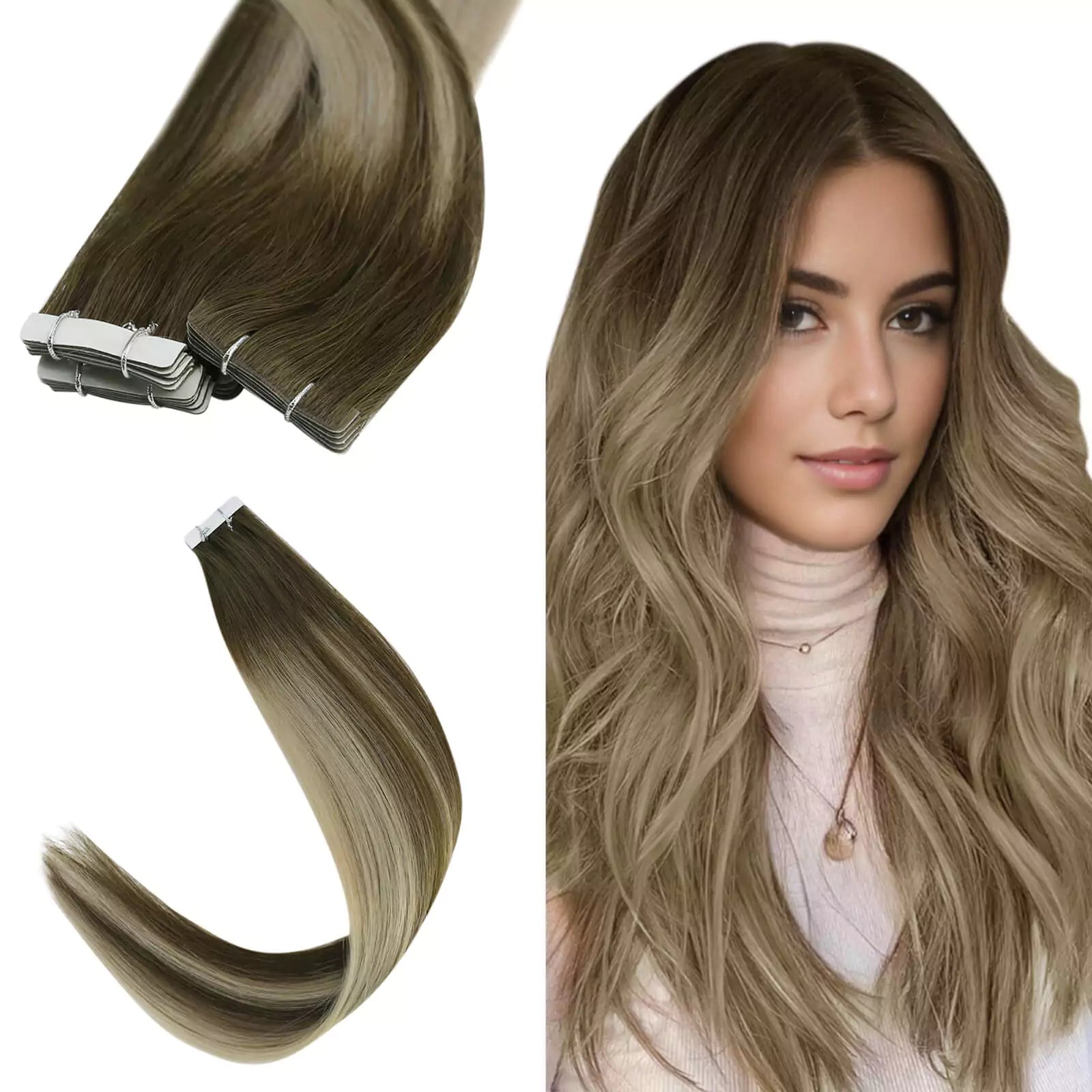 Virgin Injection Tape in Hair Extensions Balayage Brown With Blonde 4/8/27/4
