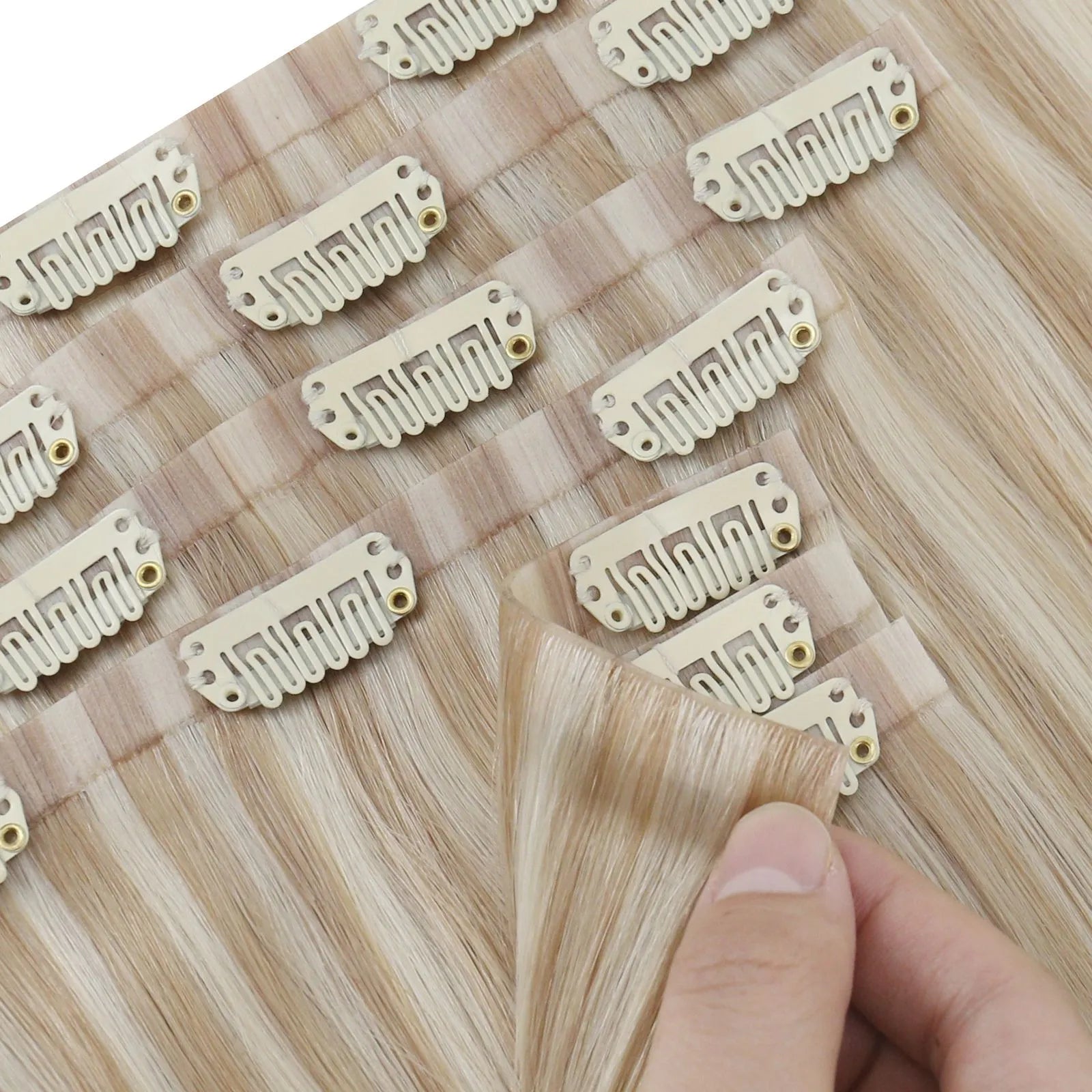 highlighted blonde pu clip in hair extensions remy human hair