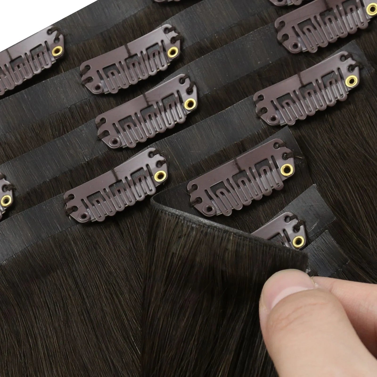 pu seamless clip in hair extensions balayage dark brown