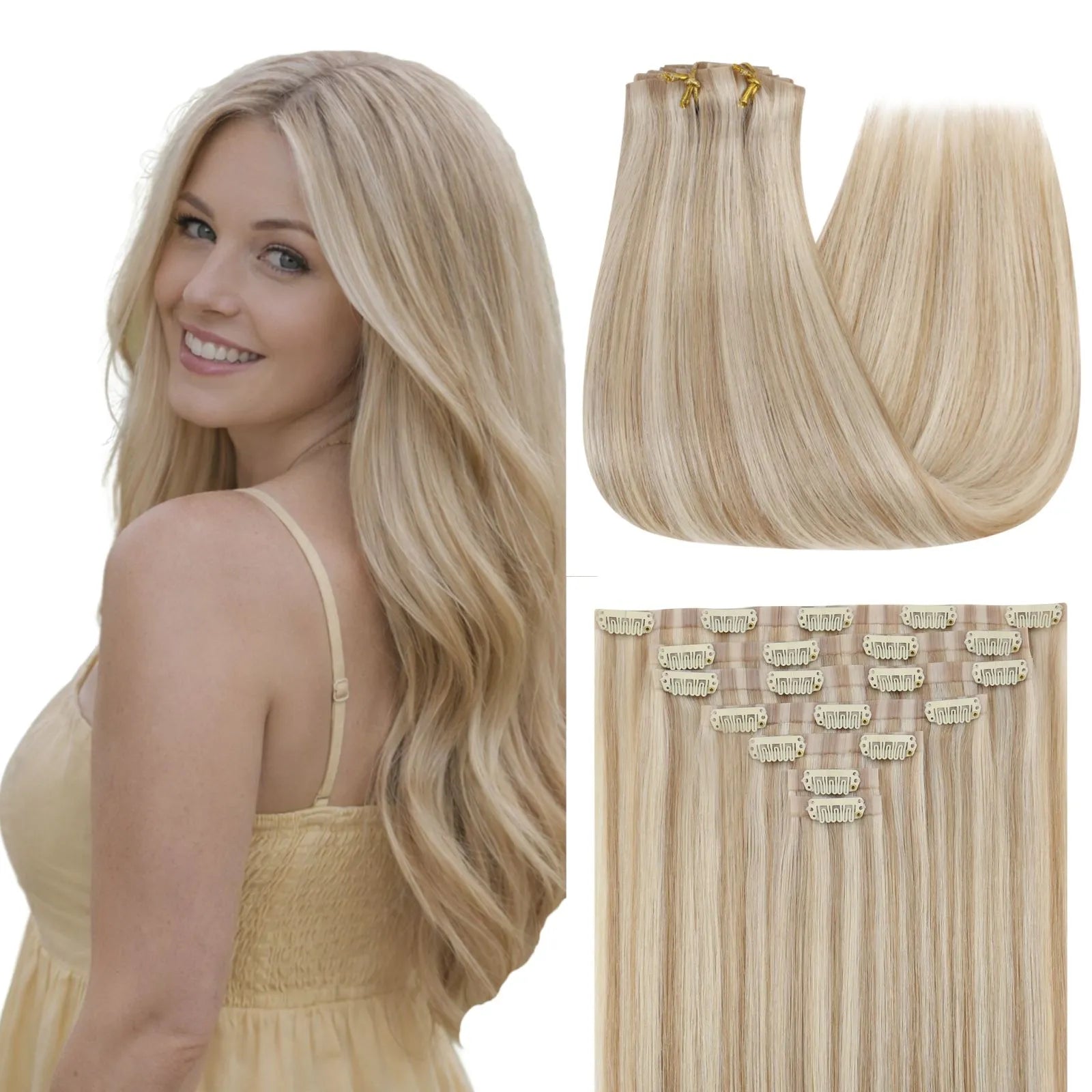 pu injected clip in hair extensions blonde hair