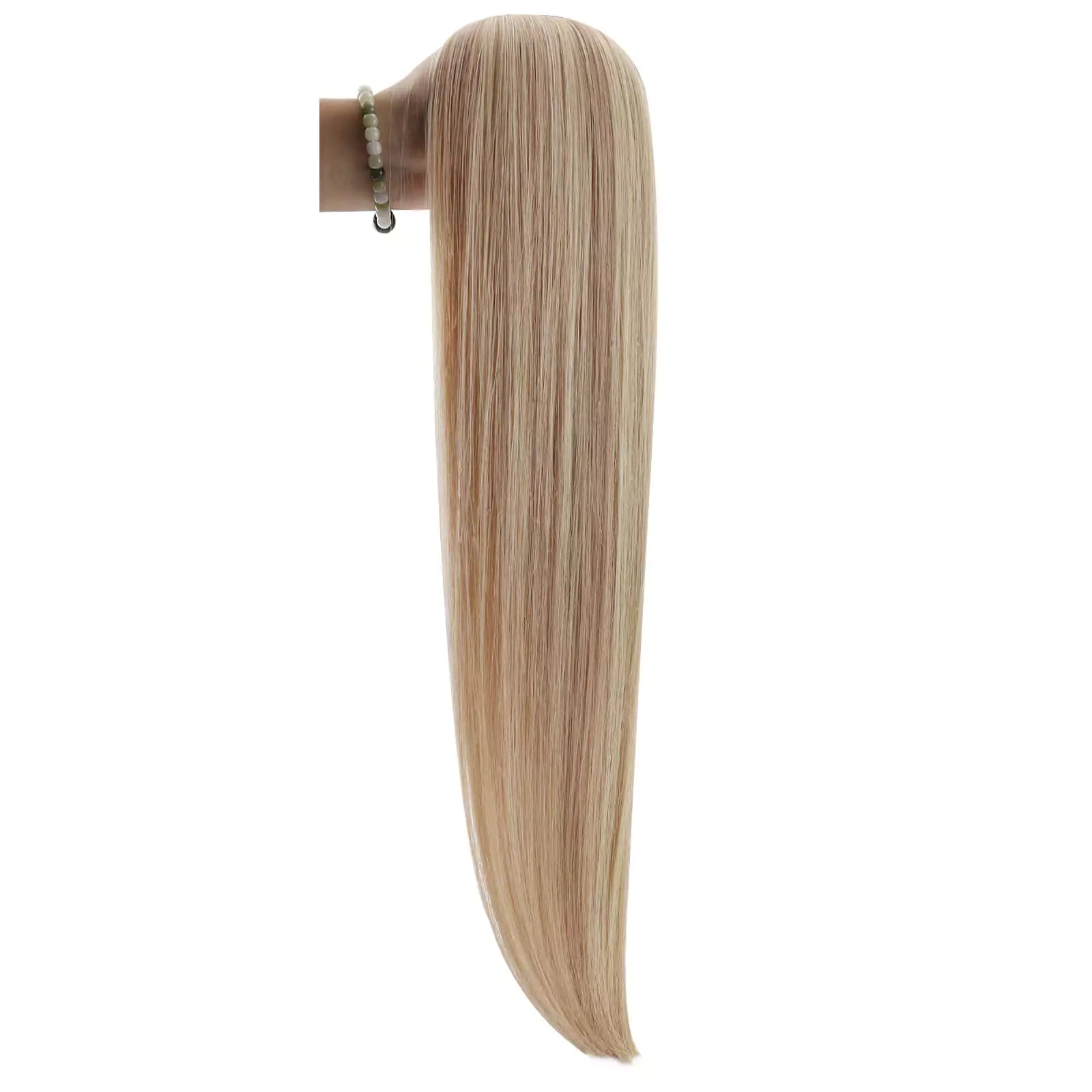 Virgin tape in hair extensions highlight blonde