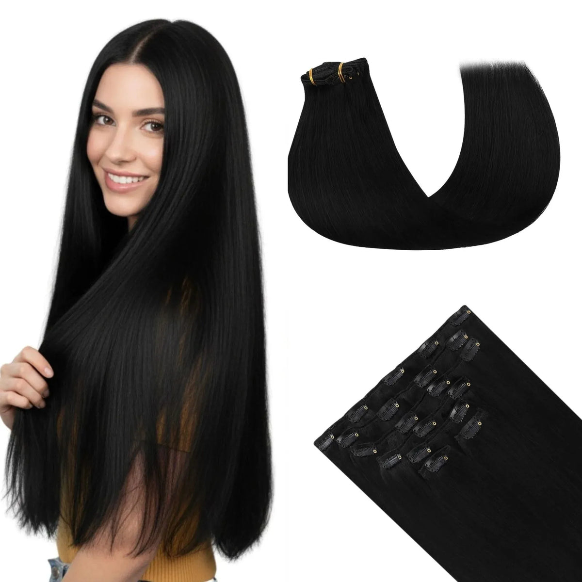 Thickened Clip in Hair Extensions 7Pcs Clip Ins Human Hair Jet Black #1