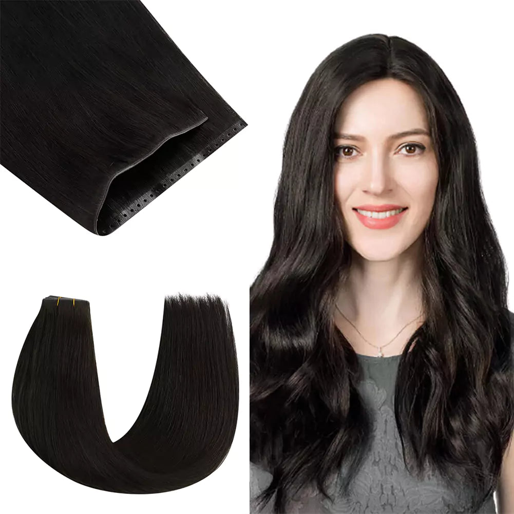 PU Skin Weft Extensions With Small Hole Human Hair Off Black