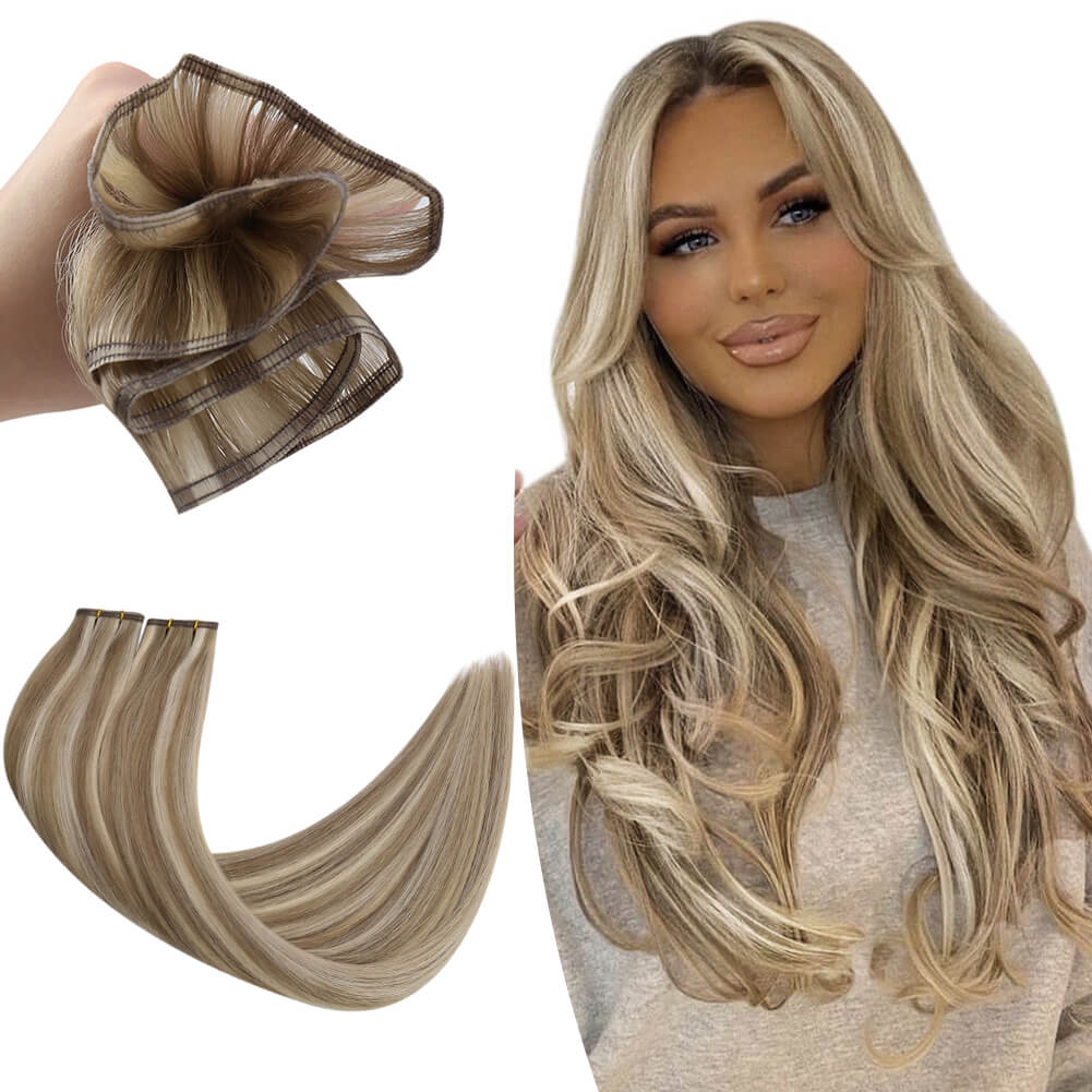 Flat Silk Weft Hair Extensions Virgin Hair Highlight Brown with Blonde P8/60