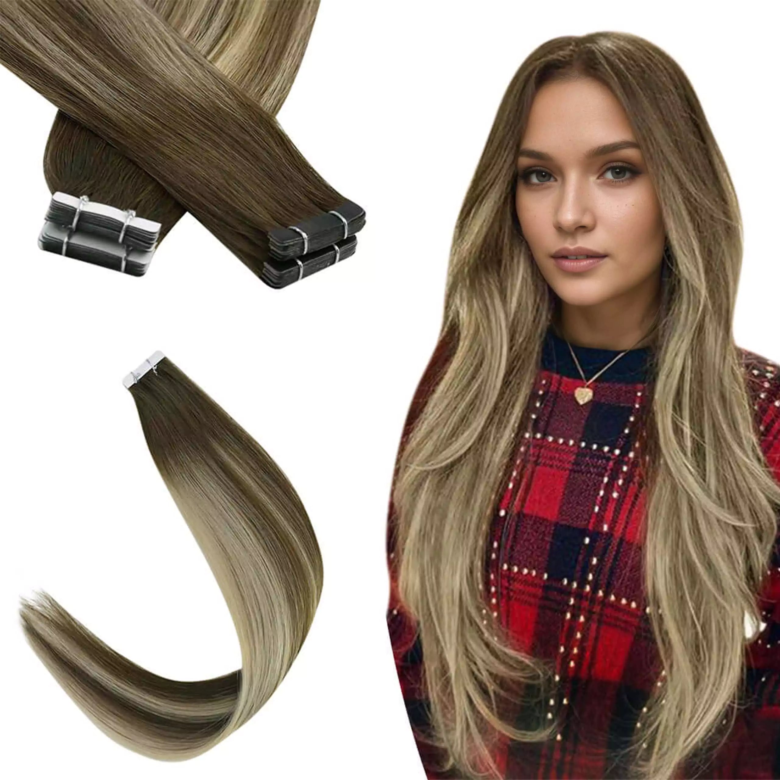 Tape in Extensions Real Human Hair Balayage Color 4/8/27/4