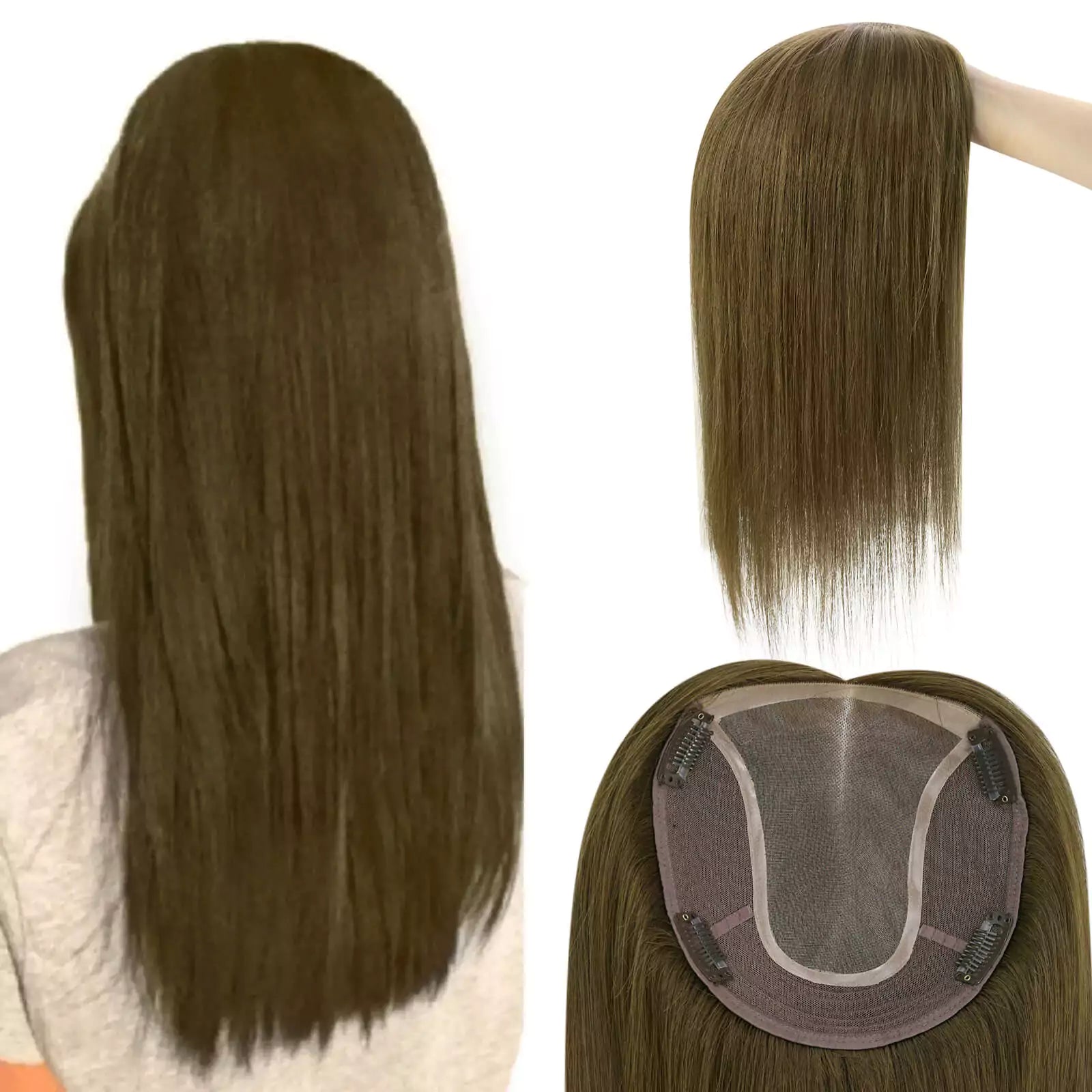 Mono Base Virgin Hair Topper Dark Brown Clip On Hair Extension Topper