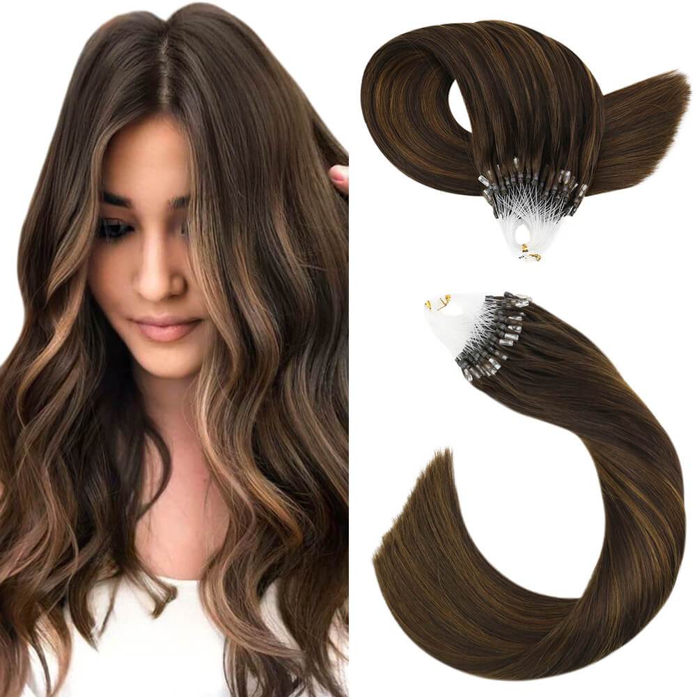 Ugeat Bead Hair Extensions Human Hair 20inch Invisible Hidden Micro Ring Hair Extensions