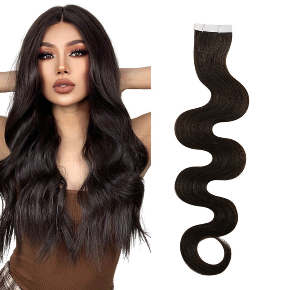 Beach Wavy Hair Extensions Injection Tape in Hair Darkest Brown 2