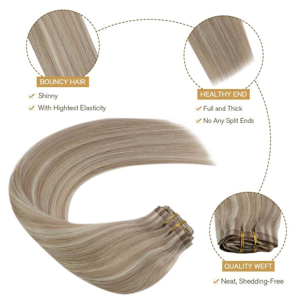 Ash Blonde with Platinum Blonde Full Head 7Pieces 120 Grams Human Hair Pieces 18inch