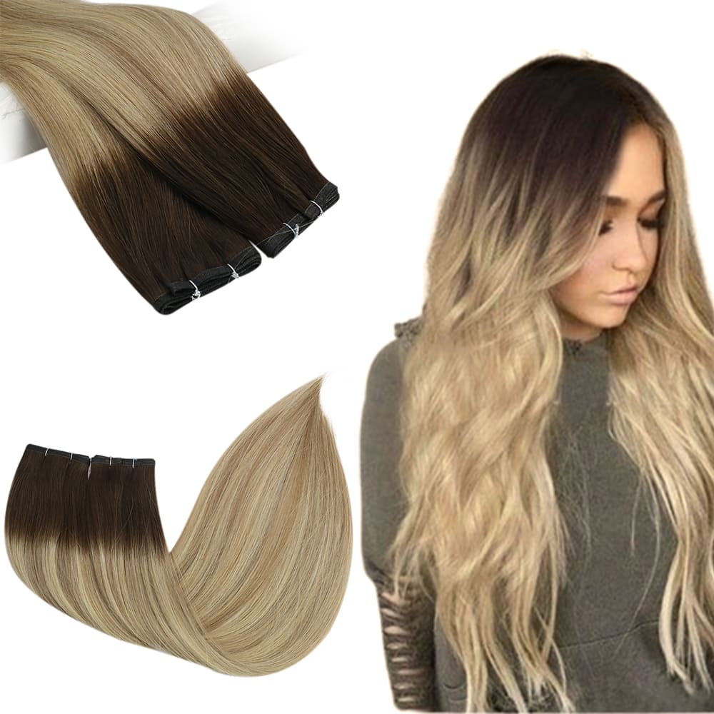 Flat Silk Weft Hair Extensions Balayage Virgin Hair Brown Ombre Blonde