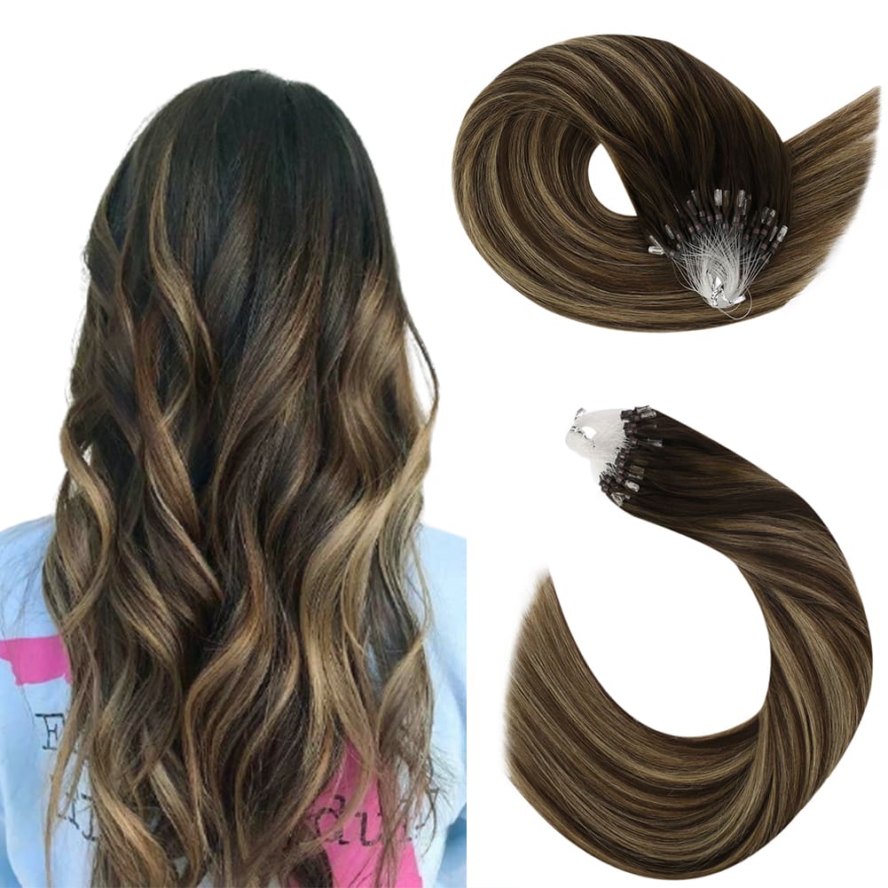 Microbead Hair Extensions Balayage Dark Brown with Ash Blonde (2)