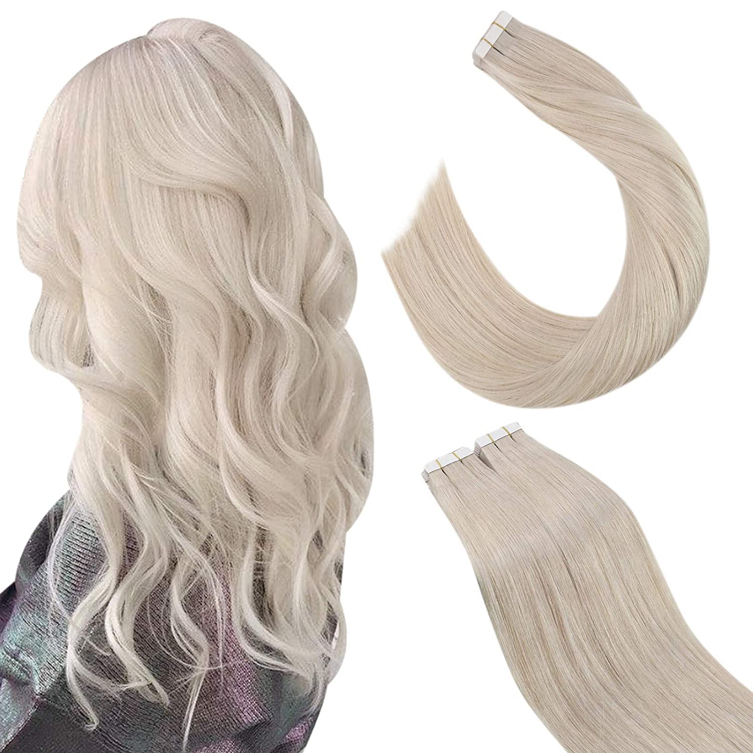 Tape in Extensions Real Hair Soft Color 60 Platinum Blonde Tape on Extensions