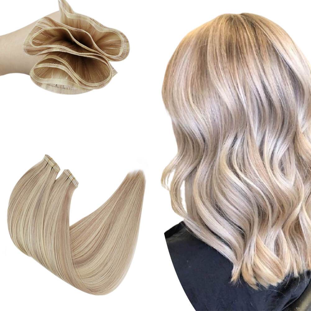 Flat Silk Weft Hair Extensions Virgin Hair Ash Blonde with Bleach Blonde 18/613