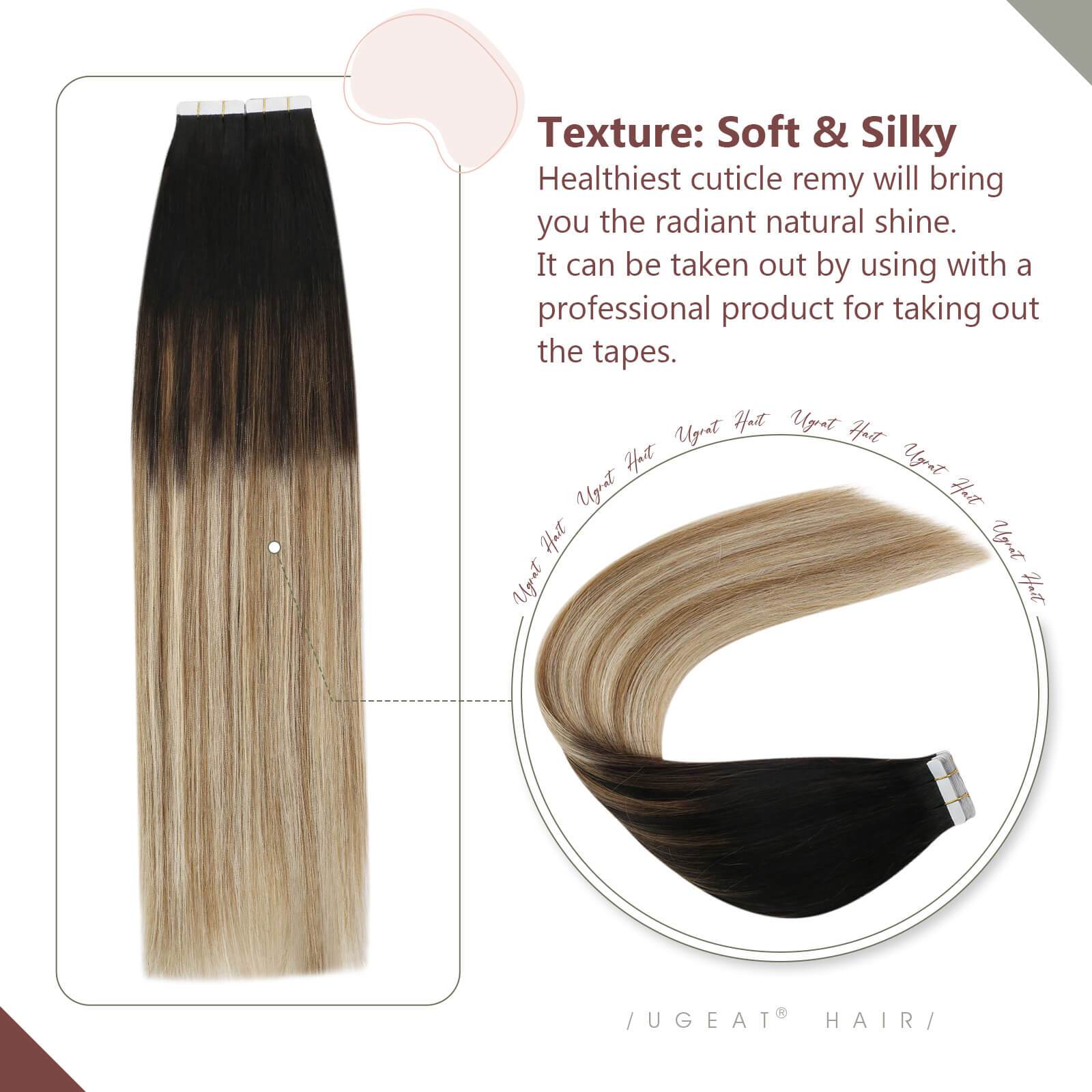 50g 1B Black Fading to 10 Brown and 60 Blonde Balayage Skin Weft