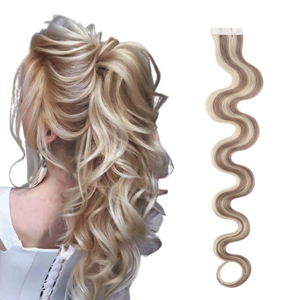 Curly Injection Tape in Extensions Silver with Blonde